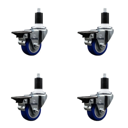 Service Caster 3'' Blue Poly Swivel 1-1/2'' Expanding Stem Caster Set with Brake, 4PK SCC-EX20S314-PPUB-BLUE-PLB-112-4